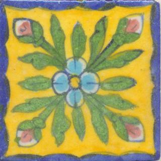 Turquoise and Yellow Flower and Green leaf with Yellow Base Tile