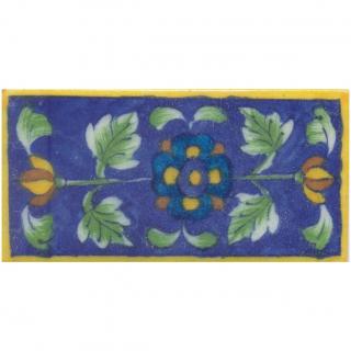 Turquoise,Yellow and Blue Flower and Green Shaiding leaf with Blue Base Tile
