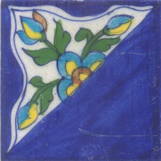 Half  Flowers Design with Blue color Base Tile