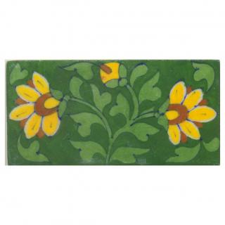 Yellow and Brown Flowers and Lime Green leaf with Green Base Tile