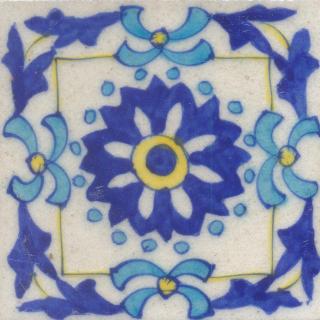 Blue, Turquoise and Yellow Flower with White Base Tile