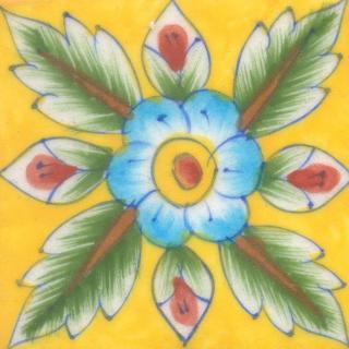 Green and Brown Leaf and Turquoise and Yellow Flower with Yellow Base Tile