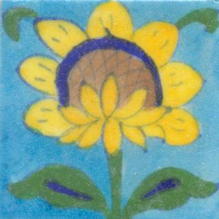 Yellow,Blue and Brown Flower and Green and Blue leaf with Turquoise Base Tile