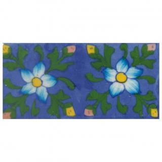 Turquoise and Yellow Flowers and Green leaf with Blue Base Tile