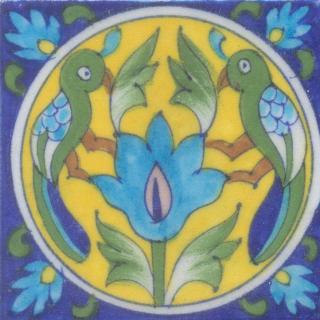 Two Turquoise and Green Birds and Turquoise Flowers and Lime Green leaf with Blu