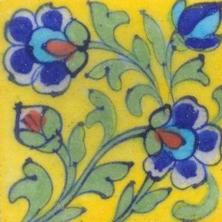 Blue and Turquoise Flowers and Lime Green Leaf with Yellow Base Tile