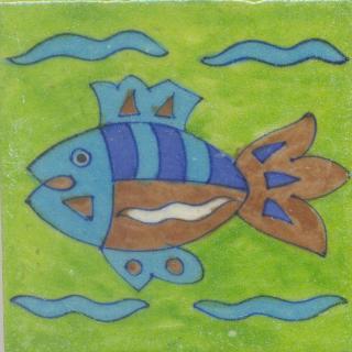 Turquoise, Brown and Blue Fish with Green base Tile
