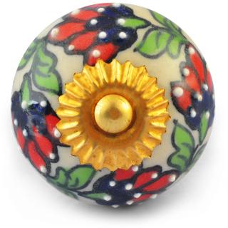 Red Blue Flowers and Green Leaves on White Ceramic knob