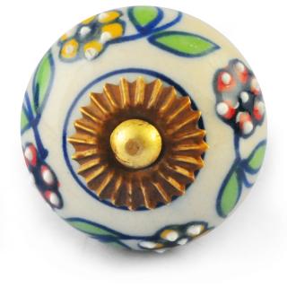 Yellow Red Flower and Green Leaf on White Ceramic Knob