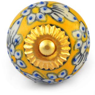White Flowers and Leaves on Yellow and White Ceramic knob