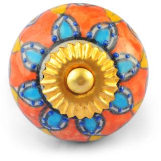 Turquoise Flower and Yellow Leaves on Orange and White Ceramic knob