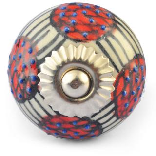 Blue Embossed Dots and Red Flowers on White Base Ceramic knob