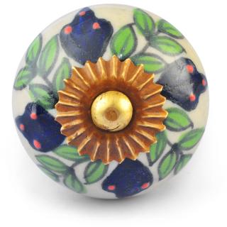 Green leaves and Blue Flowers on White Base Ceramic knob