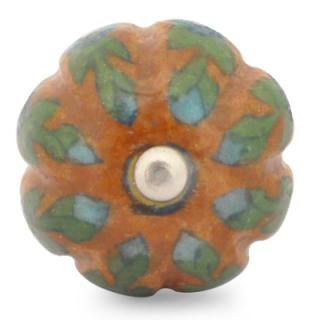 KNM-015-Turquoise Flowers and Green leaf with Brown Base Melon knob (Big)