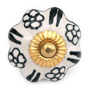 KPS-4463 - Small Black Flowers on a White Ceramic Cabinet Knob