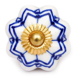 KPS-4546 - White Flower with Layered Blue Outline on a Ceramic Cabinet Knob
