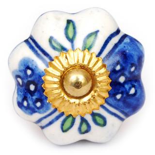 KPS-4549 - White Ceramic Cabinet Knob with Blue Design and Lime Green Leaves
