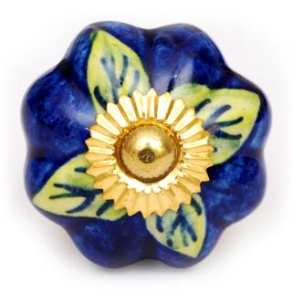 KPS-4553 - Green Leaves on a Blue Ceramic Cabinet Knob