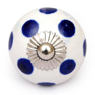 KPS-4607 - Round White Ceramic Cabinet Knob with Blue Polka-Dots