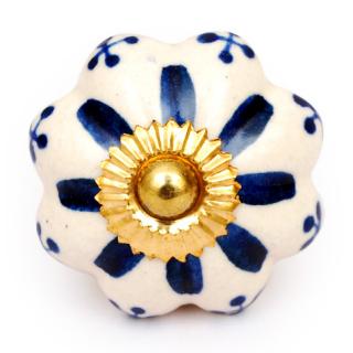 KPS-4659 - Blue Flower Center with Small Blue Flowers on a White Ceramic knobs