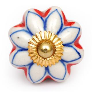 KPS-4662 - White Flower Ceramic Cabient Knob with Blue and Orange Outline