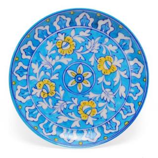 White Leaves and Yellow Flowers on Turquoise Base Plate 8''