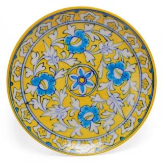White Leaves and Turquoise Flowers on Yellow Base Plate 8''