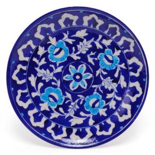 White Leaves and Turquoise Flowers on Blue Base Plate 8''