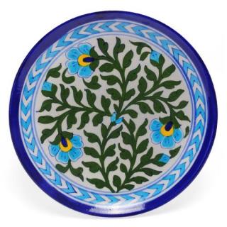 Green Leaves and Turquoise Flowers on White Base Plate 8''