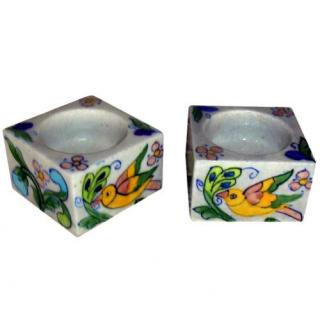 Blue Pottery Candle Holder Set - Pink, Yellow, Green, Blue and Turquoise Bird an