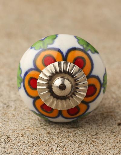 Orange and Red flower and Green leaf with white base ceramic Door knob- Silver