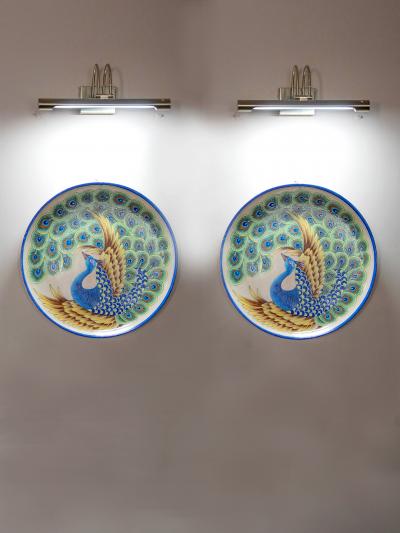 Hand Painted Handmade Blue Pottery Peacock Design Wall Hanging Decorative Plate