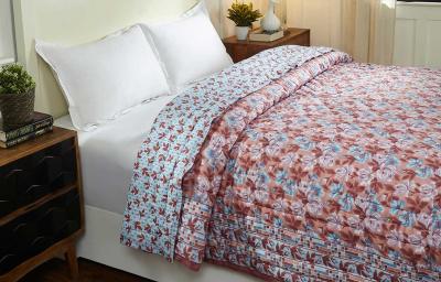 Italian Rose Blue and Brown Hand Screen Print Cotton Quilt