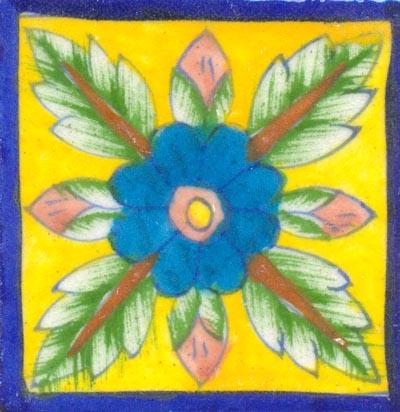 Flower Design on Blue Bordered Yellow base tile
