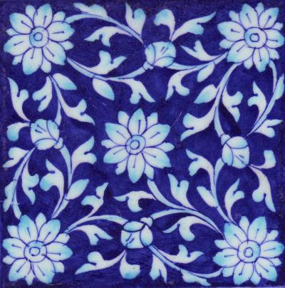 Turquoise Shaiding Leaf and Flowers with Blue Base Tile-01