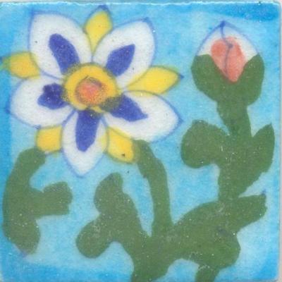 Blue,White and Yellow Flower With Green Leaves On Turquoise Base Tile