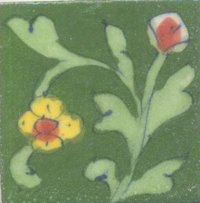 Yellow and Red Flowers With Light Green Leaves On Green Base Tile
