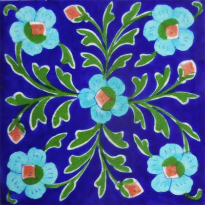 Turquoise Flowers With Green Leaves On Blue Base Tile