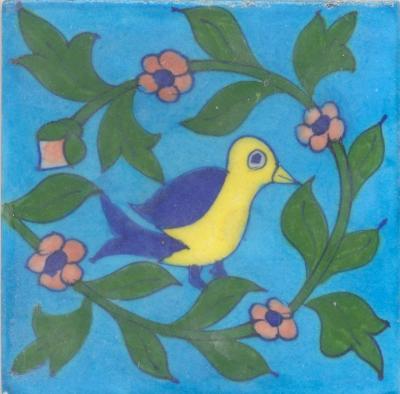 Blue,Yellow Bird and Pink Flower, Green Leaf with Turquoise Base Tile