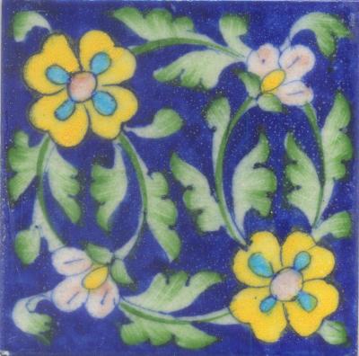 Two Yellow and Turquoise Flowers Lime Green leaf with Blue Base Tile