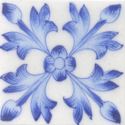 Light Blue Flowers and leaf with White Base Tile