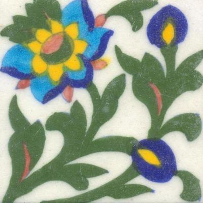 Blue,Yellow and Turquoise Flower and Green leaf with White Base Tile