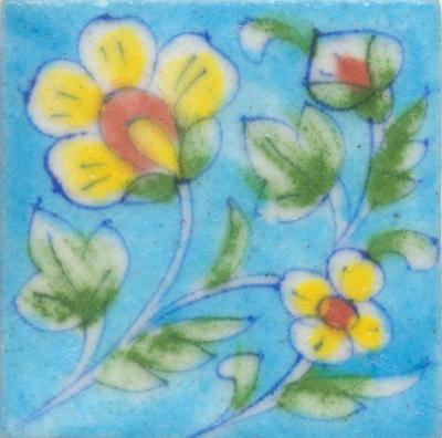 Yellow and Brown Flower and Lime Green leaf with Turquoise Base Tile