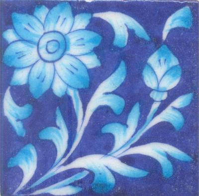 Turquoise Flower and leaf with Blue Base Tile