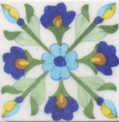 Blue,Brown and Yellow Flowers and Lime Green leaf with White Base Tile