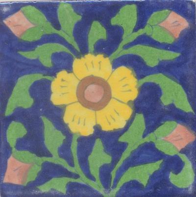 Yellow Flower and Green leaf with Blue Base Tile