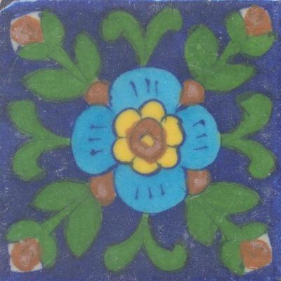 Brown,Yellow and Turquoise Flowers and Green leaf with Blue Base Tile