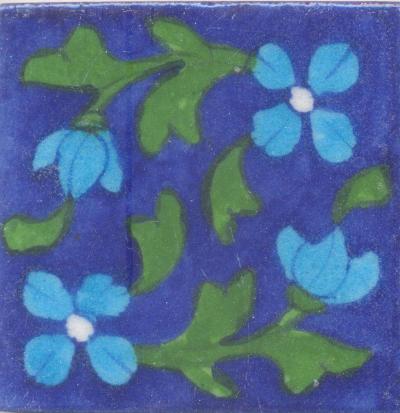Turquoise Flowers and Green leaf with Blue Base Tile