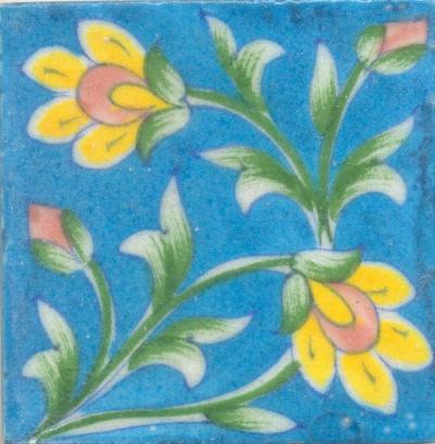 Yellow and Brown Flowers and Green leaf with Turquoise Base Tile