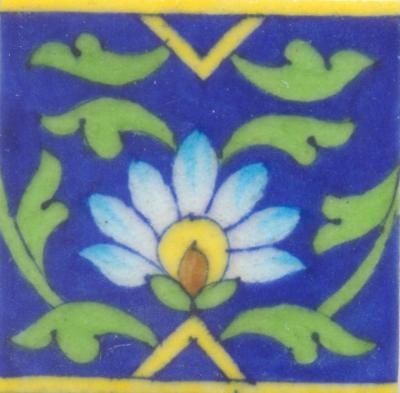 Yellow,Brown and Turquoise Flower and Green leaf with Blue Base Tile